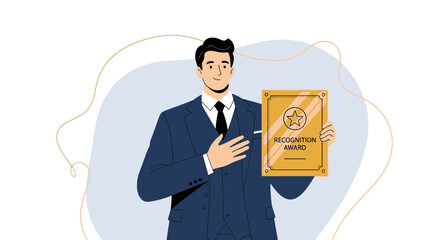 Man In Suit Holding Award Illustrating Recognition, Success, And Achievement.