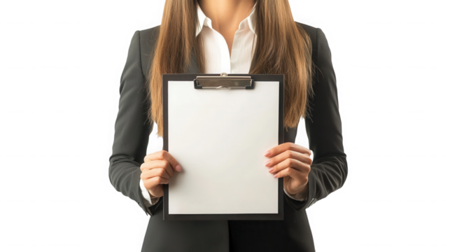 Woman in blazer holding a blank clipboard with white paper in front of  space for text on transparent background