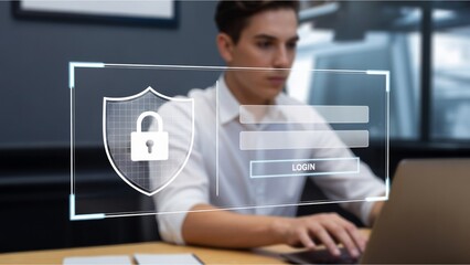 Cybersecurity concept showing a focused man logging into a secure online system with password authentication and a digital protection shield