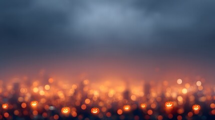 Halloween night rooftop blurred glowing pumpkin lantern skyline reflections
