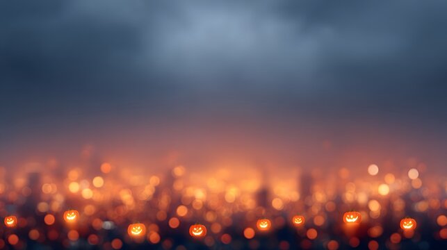 Halloween night rooftop blurred glowing pumpkin lantern skyline reflections