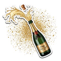 Exploding Champagne Bottle with Golden Splash and Confetti for New Year Celebration.