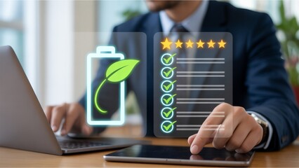 Businessman analyzing corporate sustainability performance with a high ESG rating on a digital tablet interface with a green energy icon