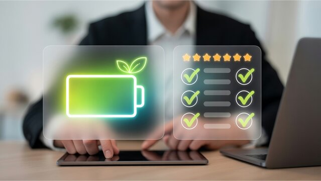 Digital interface displays a green battery with a leaf and five-star checklist. Symbolizing sustainable energy, eco-friendly business, performance, and environmental responsibility