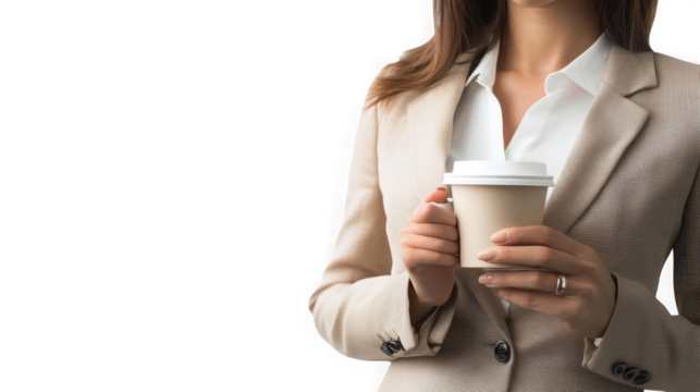 Businesswoman in blazer holding a coffee cup with black background and professional attire visible on transparent background