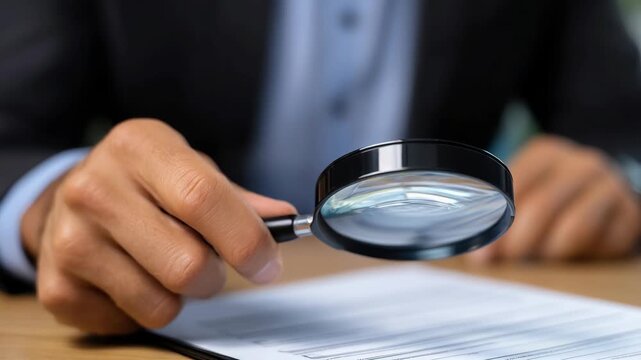 A man in a suit using a magnifying glass to read important documents in an office setting.