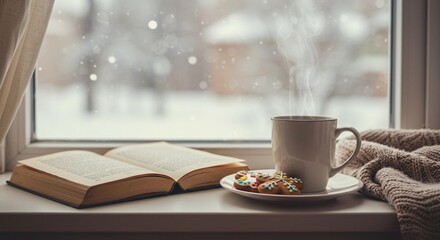 Steaming hot drink and open book on a snowy windowsill with two decorated gingerbread cookies, a cozy blanket, and falling snow outside