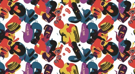 Bold abstract shapes in a seamless pattern with red, yellow, blue, and purple