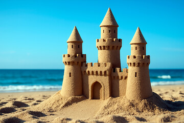 Sand castle with towers stands proudly on a sandy beach against the backdrop of a calm blue ocean and clear sky. Summer, holidays, childhood memories and relaxation.