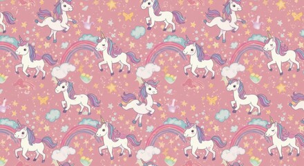 Whimsical unicorns and rainbows pattern on a pastel pink background