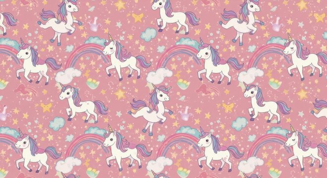 Whimsical unicorns and rainbows pattern on a pastel pink background