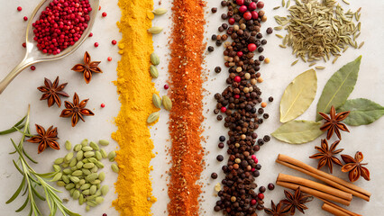 Overhead shot of colorful spices and herbs arranged in rows on a white surface, creating a vibrant...