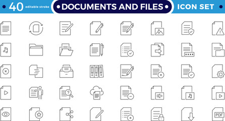 Document and folder outline icons. Includes file, clipboard, archive, certificate, resume, report, and office symbols. Modern business administration. Editable stroke outline icon.

