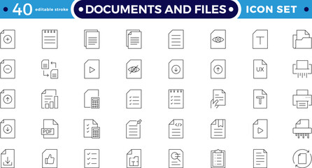 Document and folder outline icons. Includes file, clipboard, archive, certificate, resume, report, and office symbols. Modern business administration. Editable stroke outline icon.

