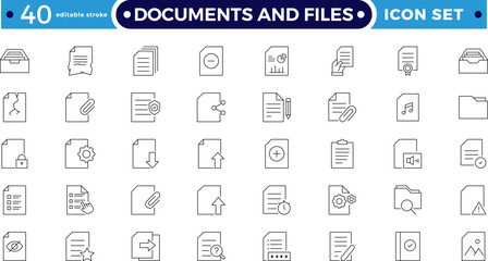 Document and folder outline icons. Includes file, clipboard, archive, certificate, resume, report, and office symbols. Modern business administration. Editable stroke outline icon.
