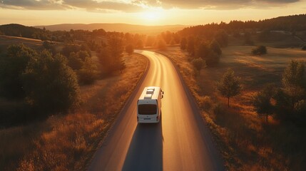 White bus driving on rural road through tree-lined countryside at sunset
