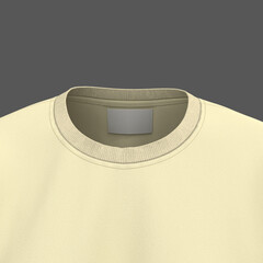 3D rendering of clothing tag and brand label mockup on t-shirt. Realistic fabric texture and apparel branding design