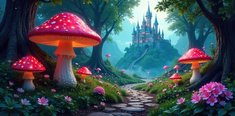Winding Path Through Enchanted Forest Giant Mushrooms, Luminous Flora, and a Distant Mysterious Castle. Perfect for Fantasy, Fairytale, and Magical Themes.