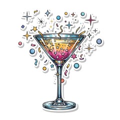 Festive Cocktail Illustration with Confetti and Stars.