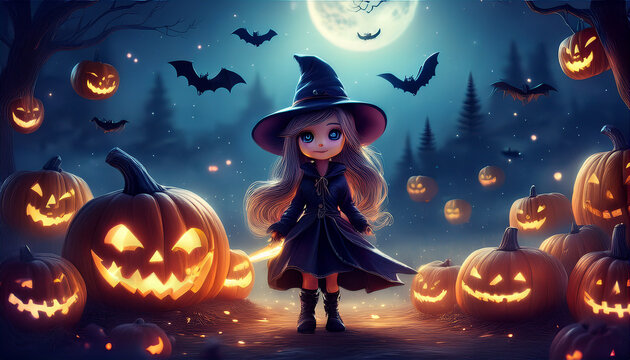 fairy godmother and pumpkins on halloween night
