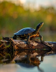 Turtle on log, tranquil water