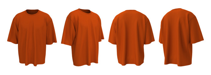 Blank oversized short sleeve t-shirt mockup in front, side, and back view, 3D render
