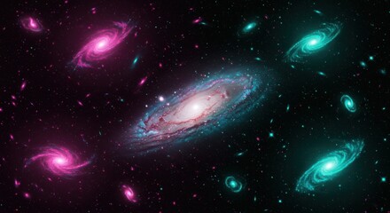 Celestial dance of pink and teal galaxies