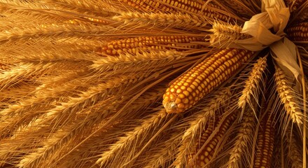 Close-up of golden corn and wheat bundle, harvest season celebration