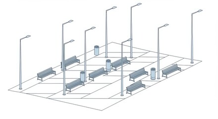 Isometric drawing of public square with benches and streetlights