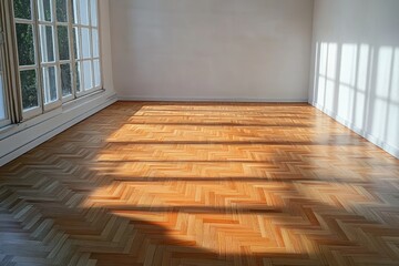 Empty room with large windows casting patterned shadows on polished wooden parquet floor creating a warm and peaceful atmosphere