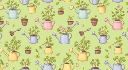 Whimsical watercolor pattern of watering cans and potted plants on green background