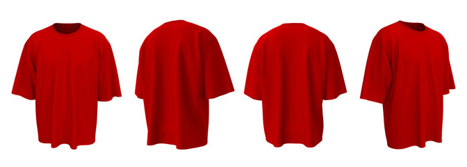 Blank oversized short sleeve t-shirt mockup in front, side, and back view, 3D render