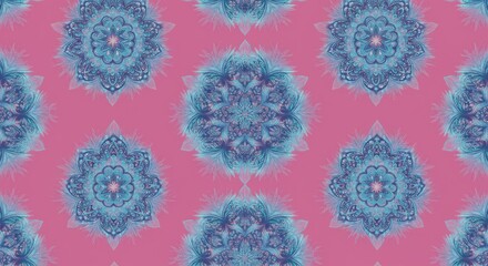 Ornate blue mandala pattern on a pink background, symmetrical and detailed