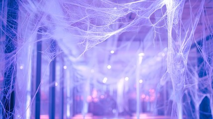 Halloween party loft blurred glowing spiderweb projections on glass walls
