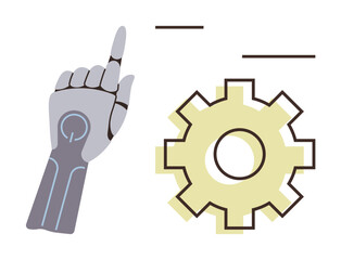 Robotic hand pointing upward beside gear, symbolizing technology, automation, industry, AI, innovation, engineering, future science. Ideal for tech progress robotics futuristic ideas machine