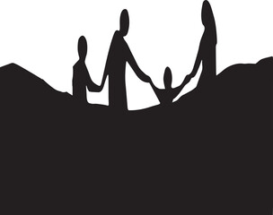 Silhouette illustration of a group of people in the desert standing in a circle symbolizing teamwork and community together