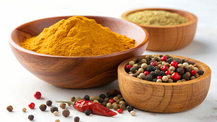 Wooden bowls filled with colorful spices isolated on white background turmeric powder, peppercorns, herbs, and chili pepper for cooking