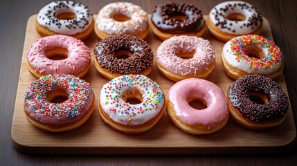 Twelve colorful assorted donuts with various icing and sprinkles displayed on a wooden board