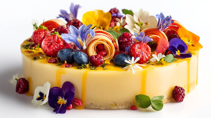 Gourmet Raspberry Mousse Cake Adorned with Fresh Berries and Delicate Floral Accents