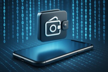 Digital wallet icon floating above smartphone with binary code background in futuristic light blue tones representing creative financial concept. Ai generative