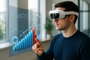 Man using virtual reality headset to interact with futuristic digital graphs and charts in office setting with light interior background. Ai generative
