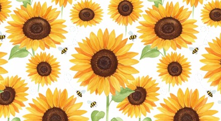 Watercolor sunflowers and bees pattern on white background, summer floral design