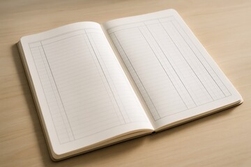 Blank accounting ledger notebook open on wooden desk with clean lines and structured columns ideal for financial planning or business records. Ai generative