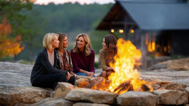 Four women corporate retreat travel around campfire sharing relaxed conversation friendship and warm smiles cozy lakeside evening