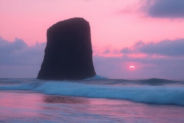 Large solitary rock formation in the ocean at sunset with pink and purple sky and gentle waves creating a tranquil atmosphere