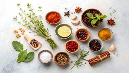 Aromatic spice medley a vibrant assortment of herbs and spices artfully arranged on a textured surface, promising a flavorful culinary adventure