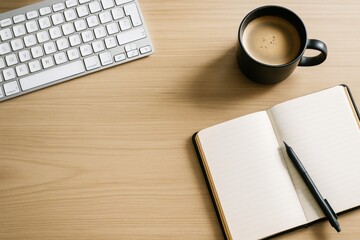 Clean workspace mockup with keyboard, coffee cup, and blank notebook on light wooden desk for creative design or branding presentation layout.