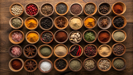 Overhead shot of an assortment of colorful spices and herbs in small wooden bowls on a rustic wooden surface creating a vibrant and aromatic display