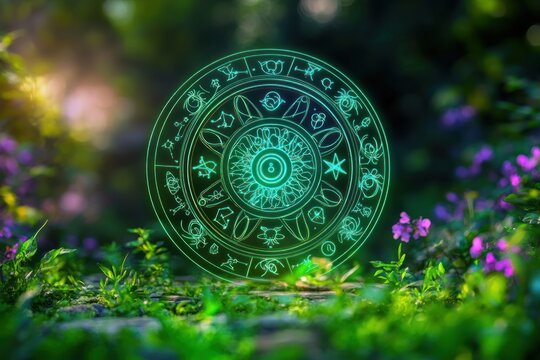 Glowing neon green zodiac wheel hovering over a forest floor surrounded by green grass and purple flowers with sunlight filtering through trees