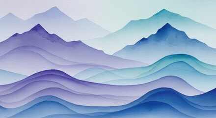Watercolor mountainscape serene blue and purple peaks with rolling hills